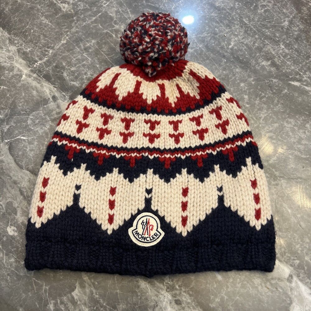 Moncler Berretto Logo Striped Knit Rib Wool Beanie Hat